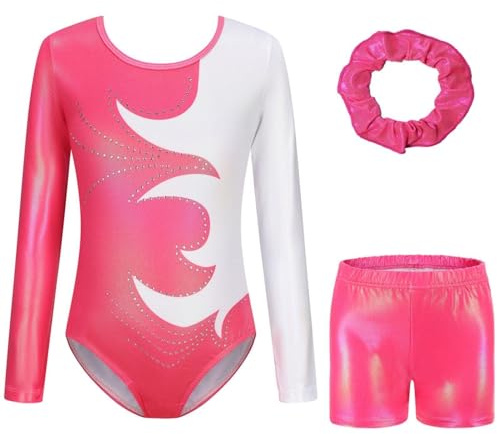 Hotfiary Justaucorps de gymnastique pour filles - Manches longues/sans manches - Justaucorps de danse scintillant avec short de gymnastique - Tenue de danse pour enfants de 5 à 12 ans, Style #54, 9-10