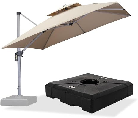 PURPLE LEAF Parasol Déporté 3 x 3 m Carré avec Pied, Parasol de Jardin Extérieur à Toit Double Rotatif 360°, Pour Terrasses, Terrains de camping, Restaurants Extérieurs, Beige