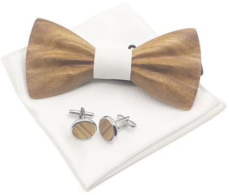 Cyriacus Ensemble Nœud papillon Bois pour Homme Mariage Fête Noeud Papillon,Boutons de Manchette,Mouchoir,Fleur Broche