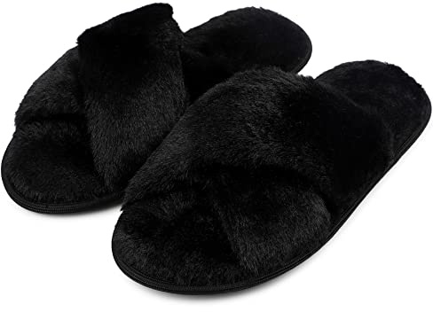 riemot Tofflor Dam,Fluffiga Damtofflor med Öppen Tå,Mjuka Innetofflor med Korsband,Memory Foam och TPR-sula för Hem och Sovrum