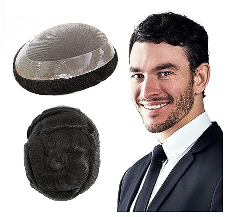 Toupet hommes Français Lace Front Hommes Toupet Durable Fine Mono avec 1 Poly Revêtement Périmètre Prothèse De Cheveux for Hommes # 1B 130% Densité Unités De Système De Pièces De Cheveux Humains Perr
