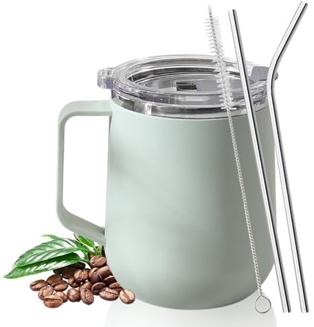 Kytpyi Tazzine Caffe, Tazza Termica, 450ml Doppio Strato Antiscottatura Termos Caffè con Coperchio 2 Cannuccia 1 Pennello, Acciaio Inossidabile Bicchiere Termico per Casa Scuola Ufficio (Verde)