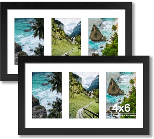 Flocey 8x14 Collage Picture Frame, 4x6 Picture Frame Collage Frame Display 3 Pcs 4x6 Photos with Mat, or 8x14 Without Mat for Wall Decor - Horizontal or Vertical Wall Mounting, Black (2 Pack)