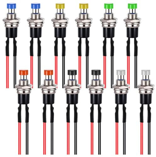 Lot de 12 mini boutons pression momentanés pré-câblés 7 mm 12 V 3 A 220 V SPST 2 broches pré-soudées Interrupteur à bouton-poussoir rond à bouton plat Multicolore pour modélisme ferroviaire
