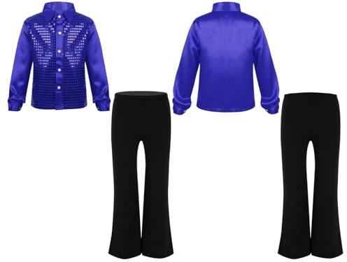 Yeahdor Boys Stage Performance Sequins Jazz Dance Costume Glittery Dancing Clothes Set Shirt with Pants Set Blue 13-14 Years