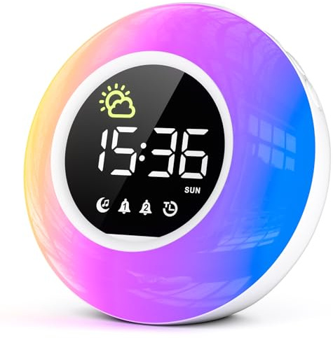 HERMIC Reveil, Réveil Enfant Lumineux avec Veilleuse LED RGB, Reveil Matin Secteur Con Machine à Sons& Minuteur, Double Alarme, 12/24H, Luminosité et Son Réglable(Adaptateur Inclus)