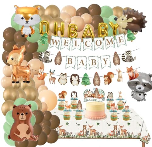 128 pezzi Forniture per feste di baby shower con animali del bosco, decorazioni per feste di animali forestali, forniture per feste di rivelazione del genere neutro, palloncini per feste di compleanno