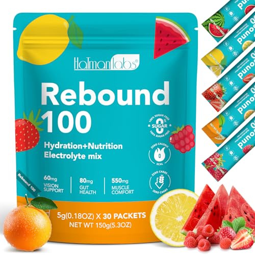 Electrolyte Powder Sachets 30PCS, Hydration Nutrition, Electrolyte Mix, Gut Eye Health, Muscle Comfort, Sugar Free, Zero Calorie, Vegan Friendly, 5 Flavors, Rebound 100%