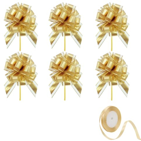 OUDQFCJ Lot de 6 Nœuds à Tirer en Ruban, Grands pour Cadeaux, Avec un Rouleau de Ruban Doré pour Emballage, Paniers, Arrangements, Décoration Voiture, Mariage et Anniversaire, Décorations de Fête (Or)