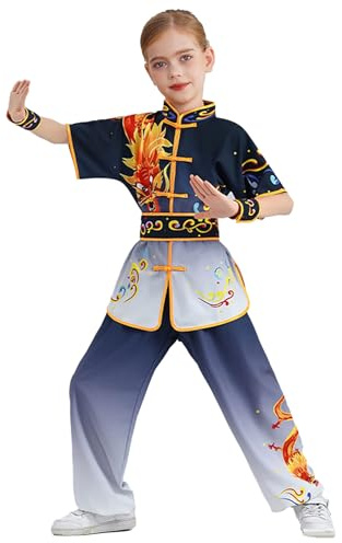 RUNQHUI Boys Girls Dragon Chinese Kung Fu Master Tai Chi Uniform Top Shirt Pants Set Martial Arts Outfit B Black White 4-5 Years