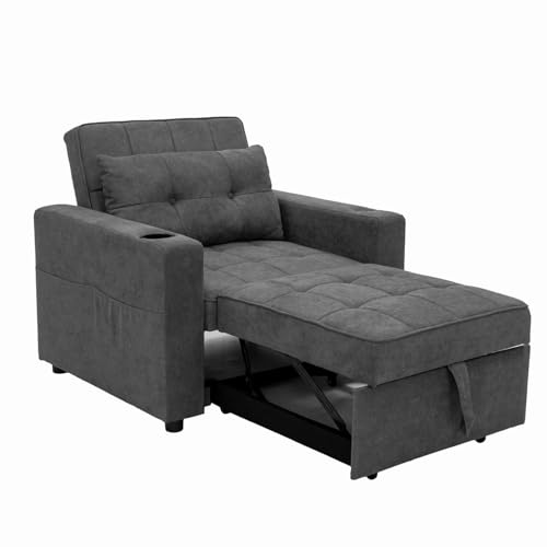 Panana Convertible Sofa Bed Chair, Single Seater Armchair Day Bed Sleeper with Built-in USB Ports and Cup Holder Chair Chaise Pull Out (Fabric Grey)