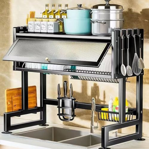 HechoVinen Escurreplatos de vajilla, sobre el lavabo, gran capacidad con tapa, estante para fregadero de cocina con soporte para utensilios, escurreplatos con cesta colgante