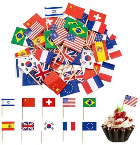 CATZUM 100 Palillos con Banderas del Mundo – Palillos de Madera y Banderines de Papel 2,5x3,5 cm – Decoración para Cócteles, Cupcakes, Aperitivos y Fiestas Temáticas Internacionales