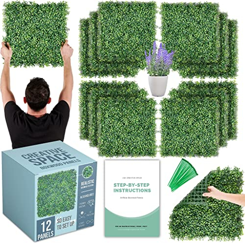 CREATIVE SPACE Grass Wall - Set of 12, 20 x 20 Artificial Boxwood Hedge Panels - 33 Square Ft Faux Plant Backdrop for Outdoor Parties & Photoshoots