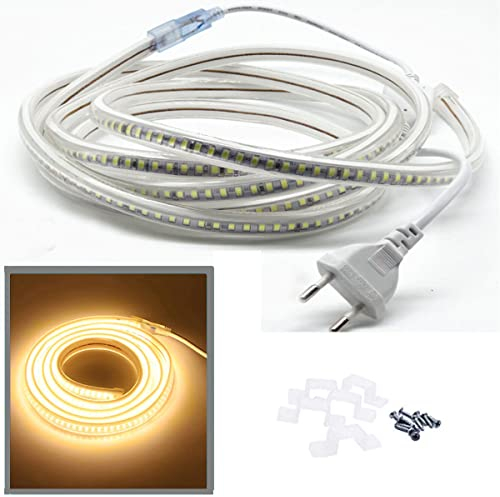FOLGEMIR 2 Meter Warmweiß LED Band, 2835 SMD 144 Leds/m Lichtleiste, 220V 230V LED Strip, sehr helle Beleuchtung - ca. 900 LM pro Meter, IP65 wasserdicht