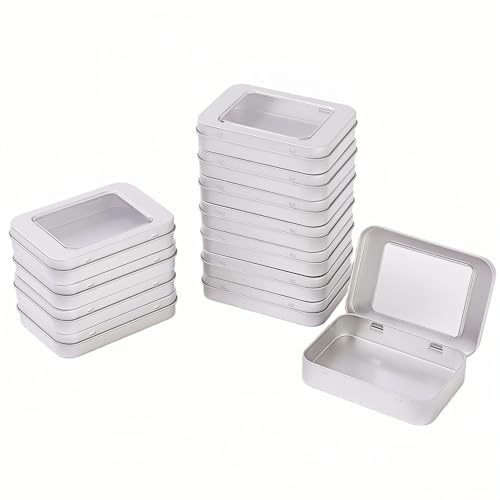 LJY 12 Pack Empty Rectangular Metal Storage Organizer Tins with Clear Window Hinged Lids for Candies, Gifts & Treasures (Silver)