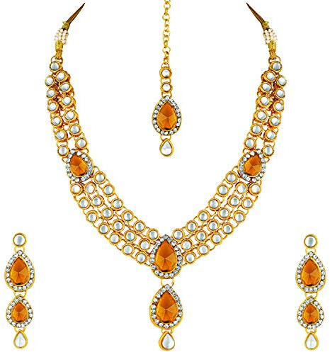 Aheli Wedding Wear Indian Kundan Maang Tikka Earrings Necklace Set Bollywood Ethnic Traditional Jewelry for Women