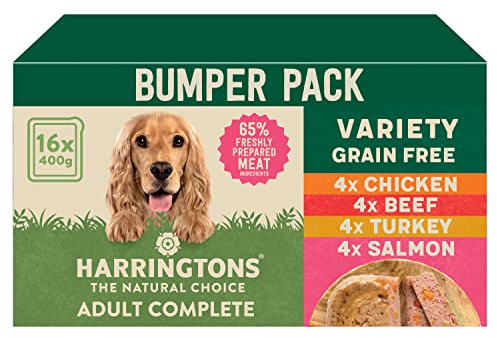Harringtons Complete Wet Tray Grain Free Hypoallergenic Adult Dog Food Classics Variety Pack 16x400g - Salmon, Beef, chicken & Turkey - Made with All Natural Ingredients (Packaging may vary)