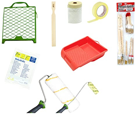 Derendo Malerset mit 9 hochwertigen Artikeln - ausreichend um 1 bis 2 Räume zu streichen - Streichset für Wandfarbe - Malerzubehör Malerbedarf bestehend aus Farbrolle Pinsel Farbwanne etc.