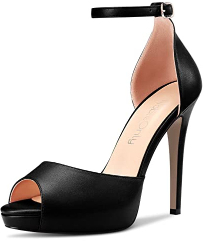 NobleOnly Mujer Aguja Alto High Plataforma Heel Abierta Punta Sandalias Correa Tobillo Cierre con Hebilla de Boda Sexy Dress Zapatos Negro 36 EU