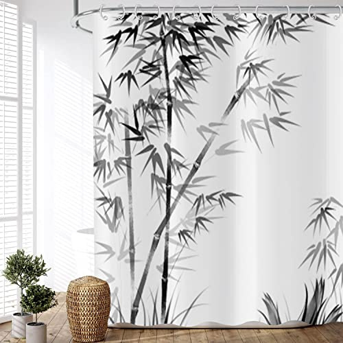 ASDCXZ Duschvorhang Bambus 120x180 cm, Elegant Einfach Schwarz Bambusblätter Waschbare Bad Duschvorhänge Polyester Textil wasserdichte Outdoor Duschvorhang für Badewanne mit 8 Duschvorhang Haken