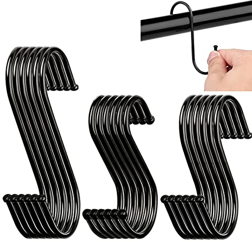 GOTRUST Black S-Hooks - 18pcs Stainless Steel S-Shaped Hangers, Metal Butchers Hooks for Kitchen, Bathroom, Bedroom & Office (3 Sizes)