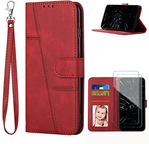 xinyunew Kompatibel mit Xiaomi Redmi A1/Redmi A2 2 Stück Panzer Schutz Glas Hülle, Handyhülle Redmi A1 Leder Klappbar Schutzhülle Tasche Wallet Cover Flip Case für Redmi A2 Klapphülle (Rot)