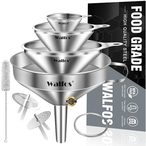 Stainless Steel Funnel, Walfos 4 Pack(4in、3 in、2.2 in、1.7in Kitchen Funnel with 2 Removable Strainer ＆ 1Pcs Cleaning Brush, Perfect for Transferring of Liquid, Oils, Jam, Dry Ingredients & Powder