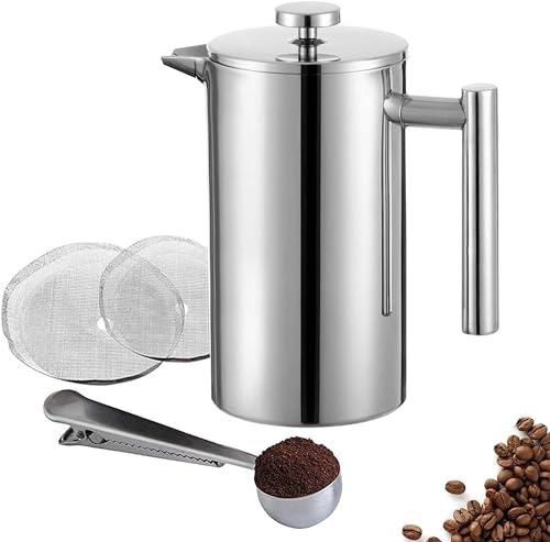 Kitchen Stars Caffettiera in acciaio inox da 350 ml con stampa francese, 3 tazze di caffè e tè, stantuffo + 2 filtri a rete + cucchiaio dosatore in acciaio + clip per borsa integrata