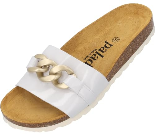Palado Pantoletten Damen Gozo - bequeme Sandalen Made in Spain - Hausschuhe mit dämpfendem Kork-Fußbett - modische Sommerschuhe Weiß Lack UK7 - EU40
