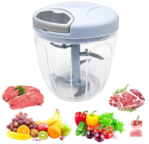 Fousenuk Mini Hachoir Manuel Cuisine 900 ml Avec Cordon de Tirage, Mixeur 5 Lames en Acier Inoxydable, Coupe Oignon, Hacheur Legume, Eminceur (Bleu)
