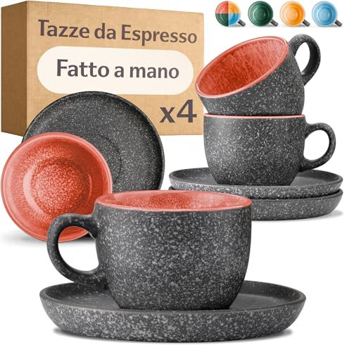 Cosumy 4 Tasses à Espresso avec Soucoupes 90ml – Tasses Épaisses en Céramique Fabriquées à la Main – Émail Réactif Rouge – Conservent la Chaleur Plus Longtemps