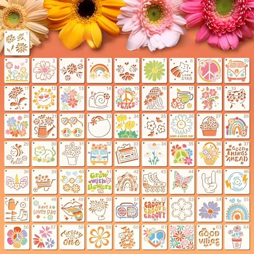Felixcraft Pochoirs pour peinture, style hippie, 64 pochoirs réutilisables en plastique de 7,6 cm pour peinture sur bois, mur, toile, tissu, petits pochoirs pour projet de bricolage