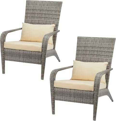 UNIONLINE Outdoor Adirondack Wicker Stuhl mit Kissen, All Weather High Back Rattan Wicker Patio Esszimmerstuhl für Garten, Hinterhof (2 PCS)