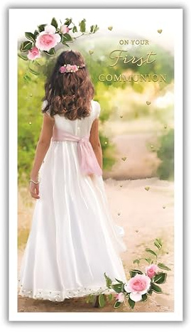 IC&G First Communion Congratulations Card for Girls with Pretty Feminine Floral Communion Dress Design and an Embossed Foil Finish