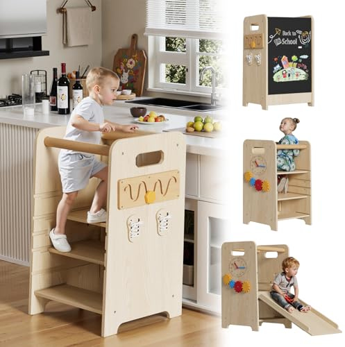Torre de Aprendizaje Montessori 4 en 1 Altura ajustable Taburete Infantil Multiusos con Pizarra & Escalera deslizante para Niños Montessori Torre Madera Torre ayudante de Cocina con Barra de Seguridad