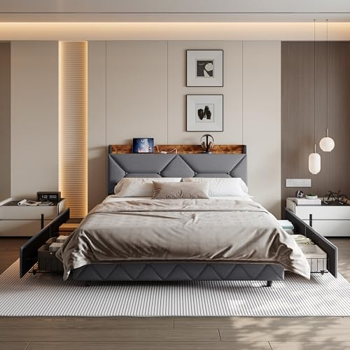HYTKKBD Letto matrimoniale imbottito, Letto imbottito 160 x 200 cm con 4 cassetti, Testiera contenitore estraibile, porte USB e Type-C integrate, Letto contenitore con rete a doghe