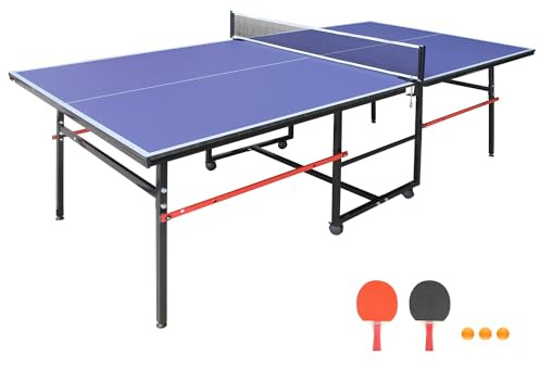 8ft/9ft Mid-Size Table Tennis Table Foldable & Portable Ping Pong Table Set for Indoor Games with Net, 2 Table Tennis Paddles and 3 Balls