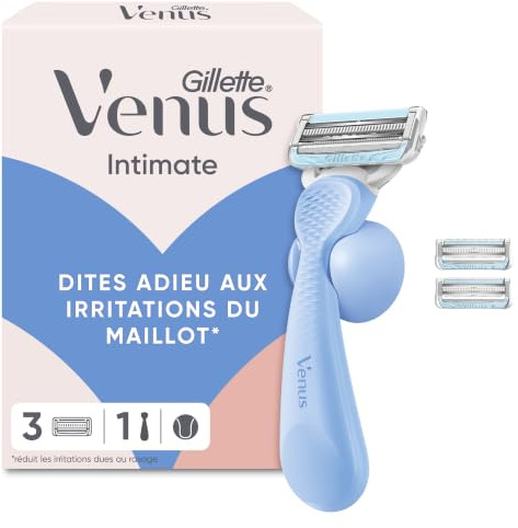 Gillette Venus Intimate Rasoir Femme pour le Maillot, 3 Lames de Recharge, Bleu – Manche Ergonomique Réutilisable, Tête Plus Petite Conçue pour le Rasage du Pubis, Barrière Anti-Irritation