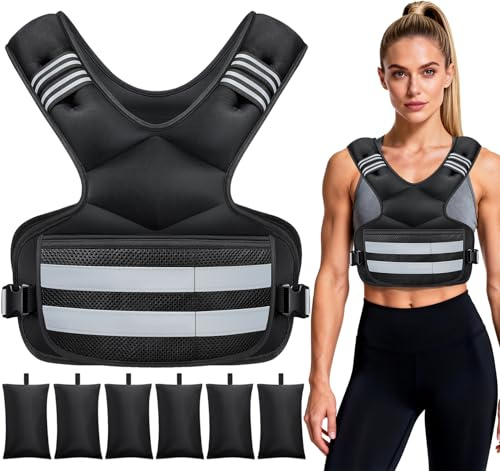 Adjustable Weighted Vest for Women and Men, 11-18lb Rucking Vest with 6 Iron Sand Bags, Storage Pocket and Reflective Stripes for Running, Cardio, Strength Training