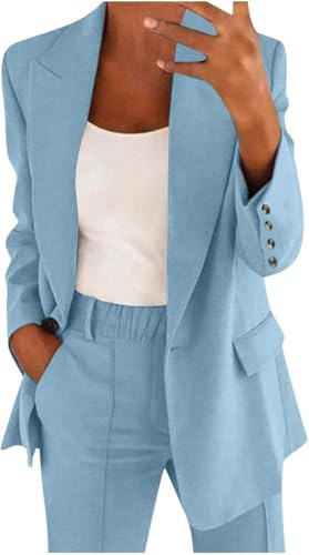Women's Suit & Blazers, Women's Trouser Suits Oversized Blazer Jacket with Elasticated Waist Trousers Elegant Suits Sets with Sleeve Buttons 2 Piece Outfit Women for Office and Business