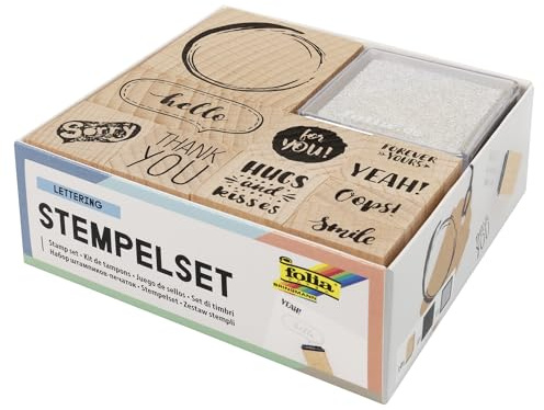 folia 31106 – Letterande trästämpelset, inklusive 10 trästämplar och 2 stämpelkuddar – perfekt för att dekorera kort, vänskapsböcker, bokstäver och scrapbooking