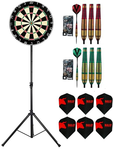 Bully Darts Full Home Dart Kit - Stand - Portable Dartboard Stand - Professional Dartboard - 2 Sets Darts - Bully Dart Flights