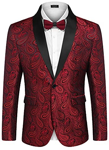 Coofandy Veste de Smoking à Motif Floral pour Homme - Style Cachemire - pour dîner, Bal de Fin d'année, Mariage, Rouge, XX-Large