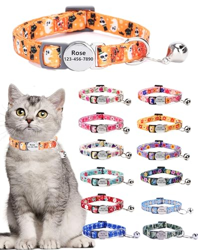 Moonpet Personalisiertes Katzenhalsband mit Namen und Telefonnummer, Katzenhalsband mit Sicherheitsverschluss und glöckchen 12 Farben