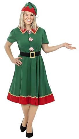 Funidelia Disfraz de elfa para mujer, Incluye vestido, cinturón y gorrito, Navidad - Traje para adultos para fiestas, Carnaval y Halloween - Talla M