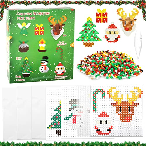 Lets Joy Strykpärlor jul, 1200 stycken 5 mm strykpärlor plug-in pärlor set med mönsterkort, plug-in-pärlplatta, strykpapper, julpärlor set för pyssel gör-det-själv gåva flickor pojkar