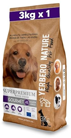 Yerbero Nature Gourmet, Pienso Hipoalergénico para Perros, Alimento Monoproteico de Salmón, Sin Pollo, con Arroz, Sin Gluten, Low Grain 3 Kilos