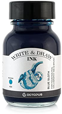 Octopus Write and Draw Sloth - Waterproof Blue Ink for Fountain Pens, Non-fading, 50 ml