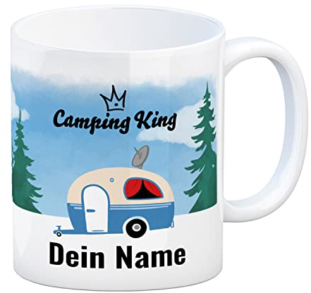 Camping King oder Queen - personalisierte Campingwagen Tasse mit deinem Namen - für Camper und Kaffeetrinker auf Campingplatz individualisiert für Dauercamper die König und Königin vom Zeltplatz sind